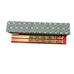 Vintage Cloisonne Enamel Floral Chopsticks Set‎ 2 Pairs with Gift Box Gold Blue